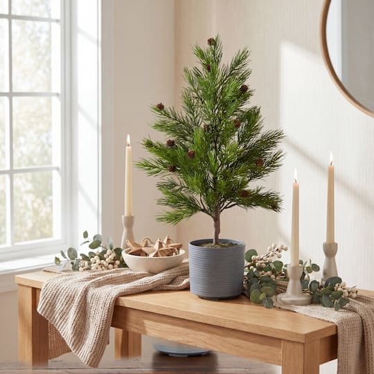 Nearly Natural 22" Artificial Real Touch Cedar Christmas Tree with Pinecones in Gray Decorative Planter